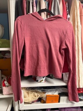Ribbed Hooded Long-Sleeve Top - Dusty Rose